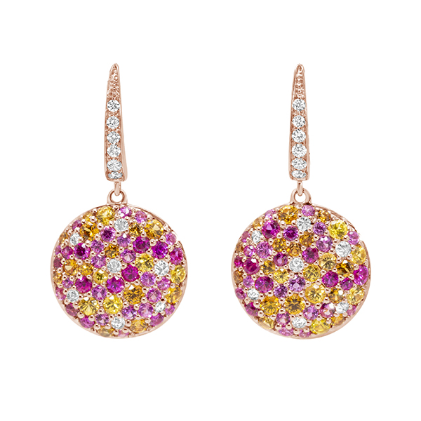 18K Multicolor Pink Sapphire, Blue Topaz, Smoky Quartz & Diamond Round Drop Earrings